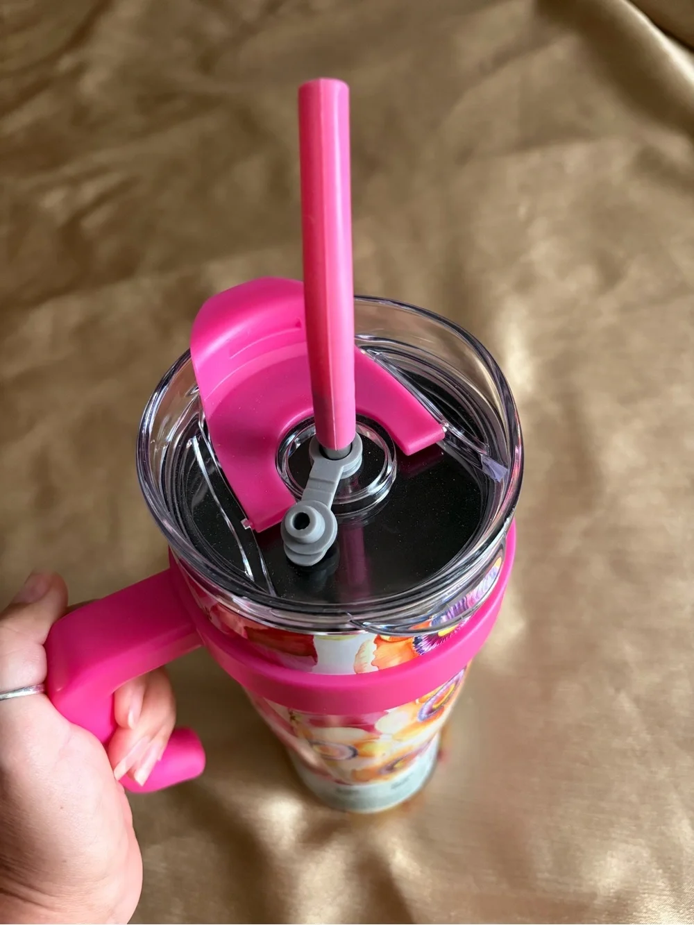 Floral Pink Stainless Steel Tumbler with Handle and Straw